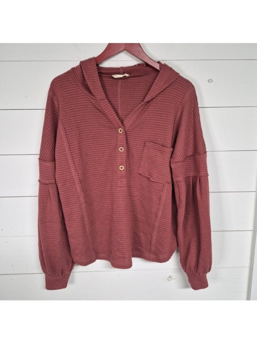 Waffle Knit Burgundy Hoodie With Button Detail & Front Pocket Long Balloon Sleev